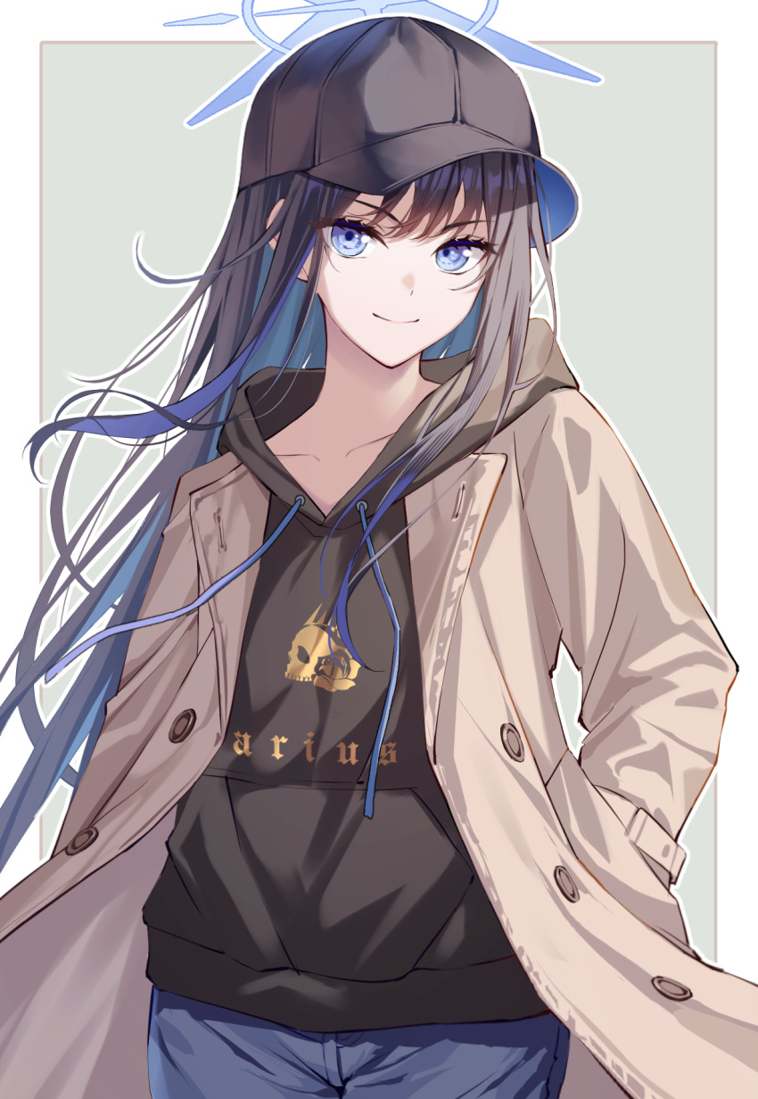 1girl, alternate_costume, baseball_cap, black_hair, black_hat, black_hoodie, blue_archive, blue_hair