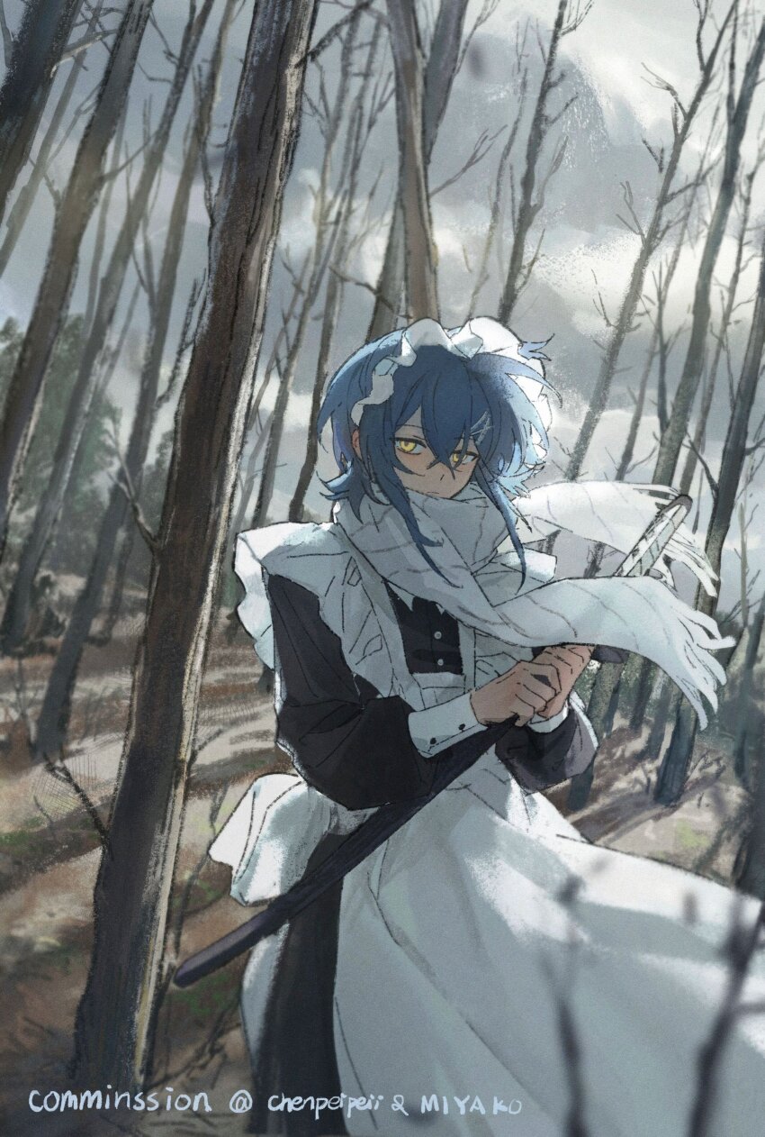 1boy, absurdres, apron, artist_name, backlighting, blue_eyes, blurry, chenpeipeii