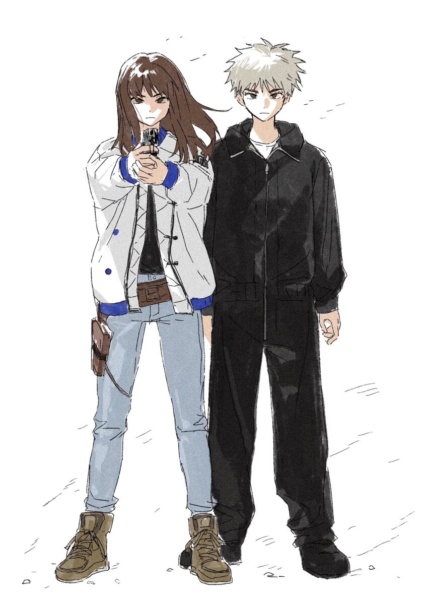 1boy, 1girl, aiming, aiming_at_viewer, arm_at_side, bag, black_footwear, black_jacket
