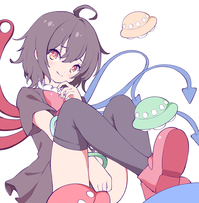 1girl, ahoge, asymmetrical_wings, between_legs, black_dress, black_hair, black_thighhighs, blue_wings