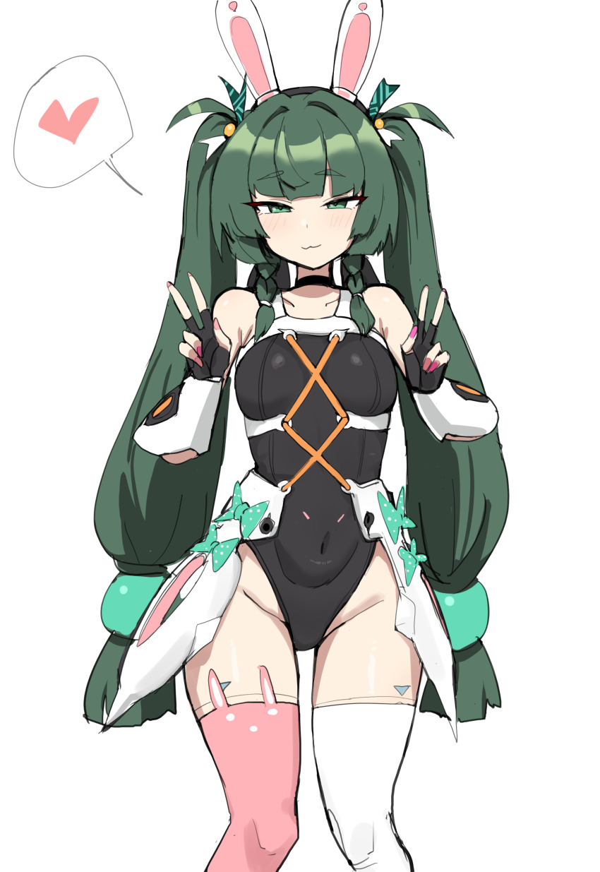 1girl, :3, absurdres, alternate_costume, android, animal_ears, aria_(zenless_zone_zero), aria_(zenless_zone_zero)_(cosplay), asymmetrical_legwear, black_choker, black_gloves, blue_eyes, blunt_bangs, blush, braid, breasts, choker, cosplay, covered_navel, double_v, fake_animal_ears, fingerless_gloves, fingernails, gloves, green_eyes, green_hair, hair_ornament, heart, highres, joints, long_hair, looking_at_viewer, mismatched_legwear, nail_polish, pink_nails, pink_thighhighs, qingyi_(zenless_zone_zero), rabbit_ears, robot_joints, simple_background, small_breasts, smile, solo, sphere_hair_ornament, spoken_heart, thighhighs, twin_braids, twintails, v, white_background, white_thighhighs, xipa, zenless_zone_zero