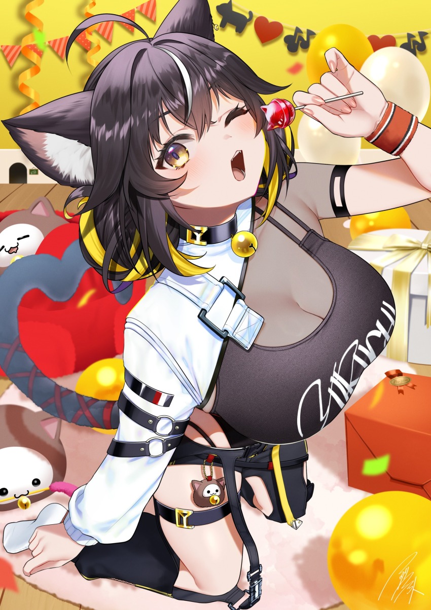 1girl, absurdres, ahoge, animal_ears, asazuke25, belt_collar, black_collar, black_hair