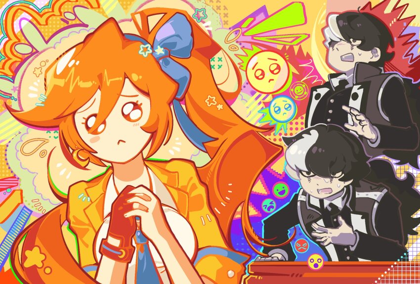 1boy, 1girl, ace_attorney, athena_cykes, black_coat, black_gloves, black_hair, black_necktie, black_vest, blue_hairband, blue_necktie, blue_ribbon, clutching_chest, coat, collared_shirt, danwhiteiron, desk, emoji, facial_mark, fingerless_gloves, flying_sweatdrops, gloves, grey_eyes, hairband, highres, jacket, korean_commentary, low_ponytail, multicolored_hair, necktie, open_clothes, open_coat, open_jacket, orange_hair, own_hands_clasped, own_hands_together, phoenix_wright:_ace_attorney_-_dual_destinies, pleading_face_emoji, ponytail, ribbon, shirt, simon_blackquill, single_glove, star_(symbol), sweat, two-tone_hair, vest, white_hair, white_shirt, yellow_jacket