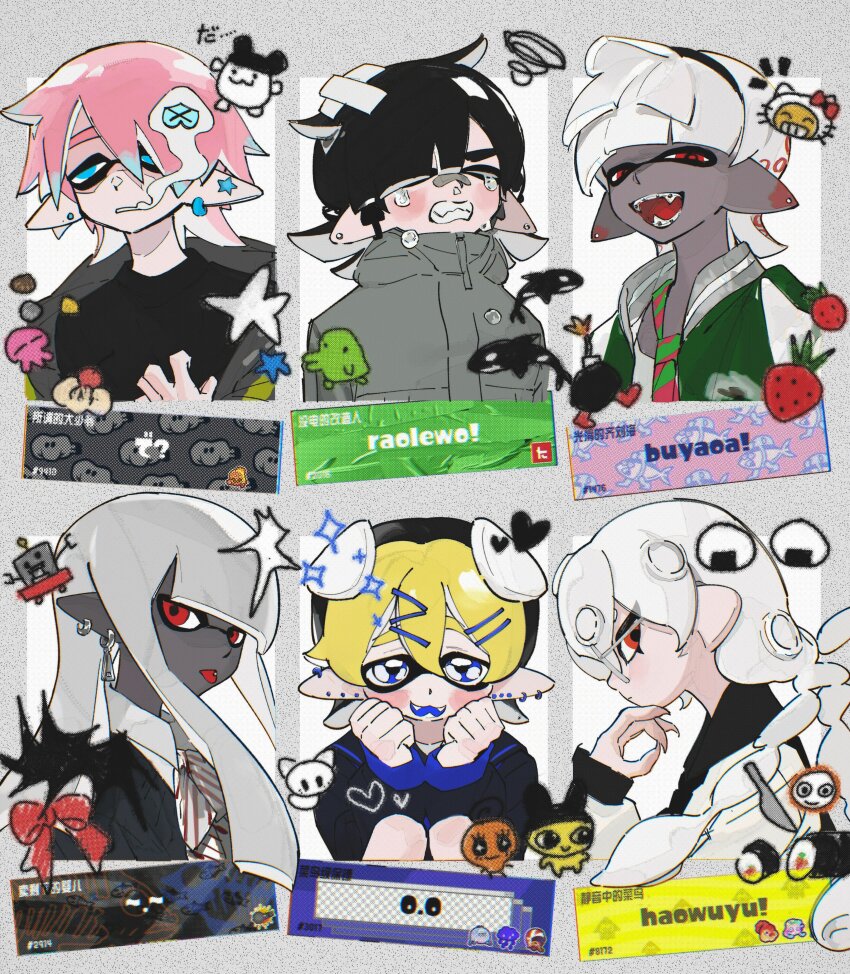 2girls, 4boys, absurdres, annoyed, aqua_eyes, black_hat, black_sailor_collar, black_shirt