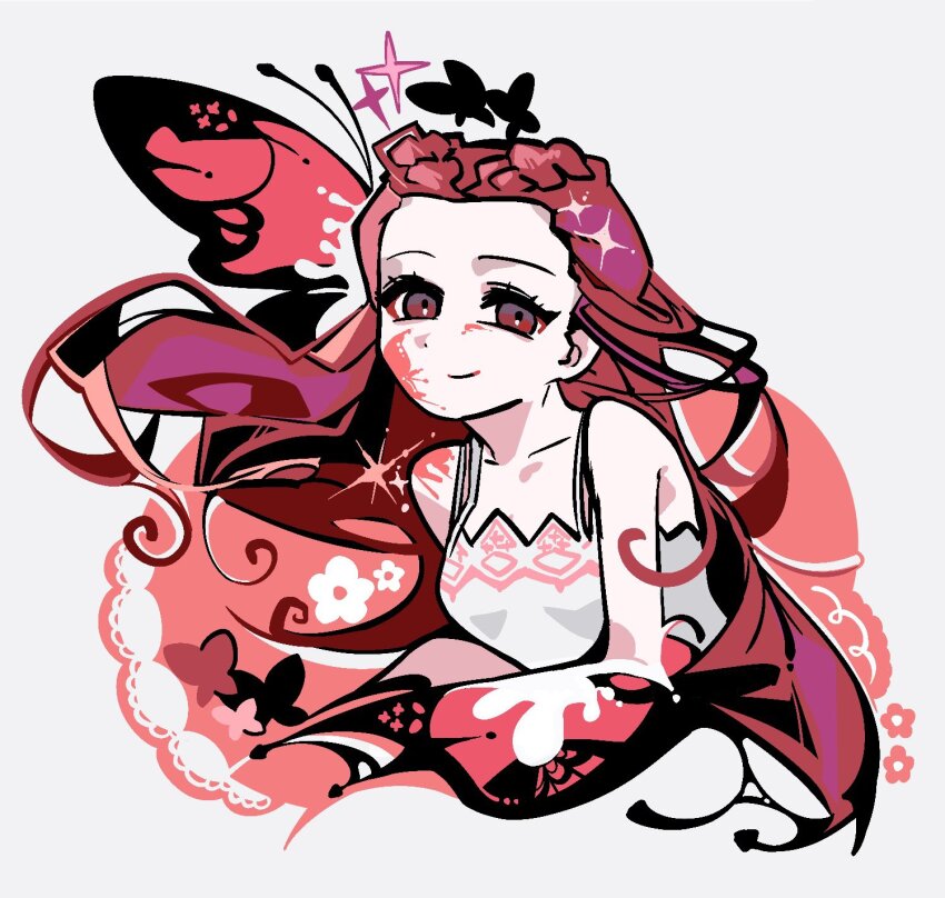 1girl, ace_attorney, blood_on_shoulder, braid, bug, butterfly, collarbone, cropped_torso, crown_braid, dahlia_hawthorne, danwhiteiron, dress, facial_mark, highres, insect, long_hair, looking_at_viewer, phoenix_wright:_ace_attorney_-_trials_and_tribulations, red_eyes, red_hair, simple_background, sleeveless, sleeveless_dress, solo, sparkle, white_background, white_dress