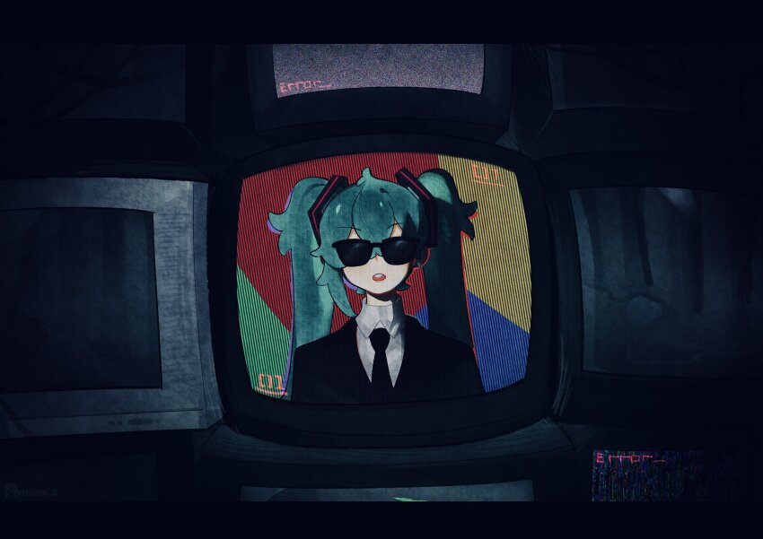 1girl, aqua_eyes, aqua_hair, black-framed_eyewear, black_jacket, black_necktie, commentary, cosplay