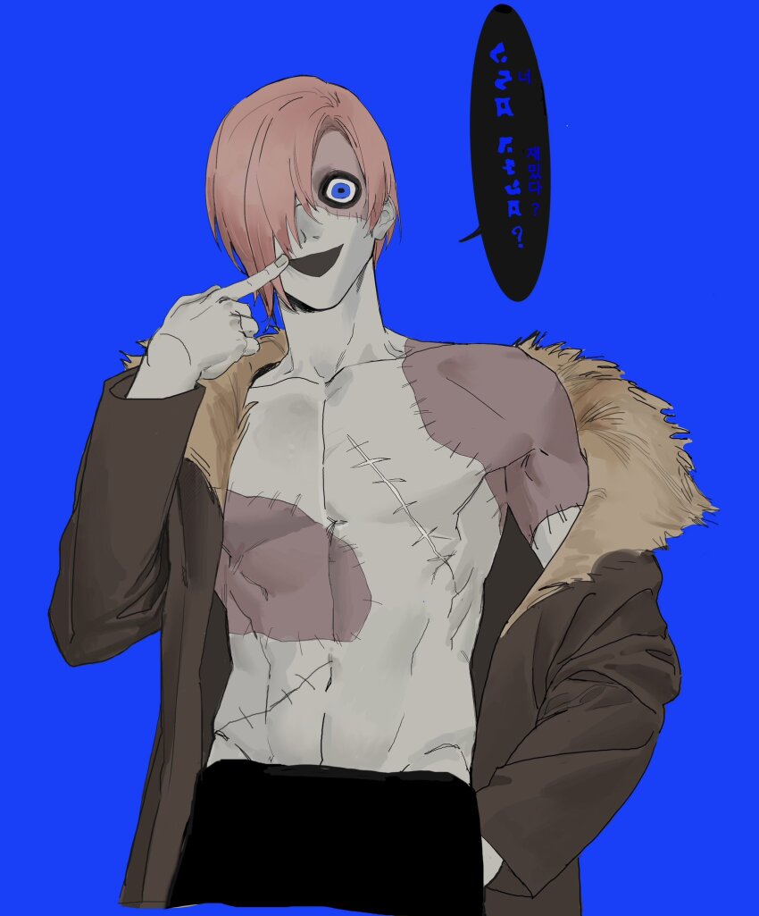 1boy, blue_background, blue_eyes, brown_jacket, cowboy_shot, dubu_dddd, groin, hair_over_one_eye