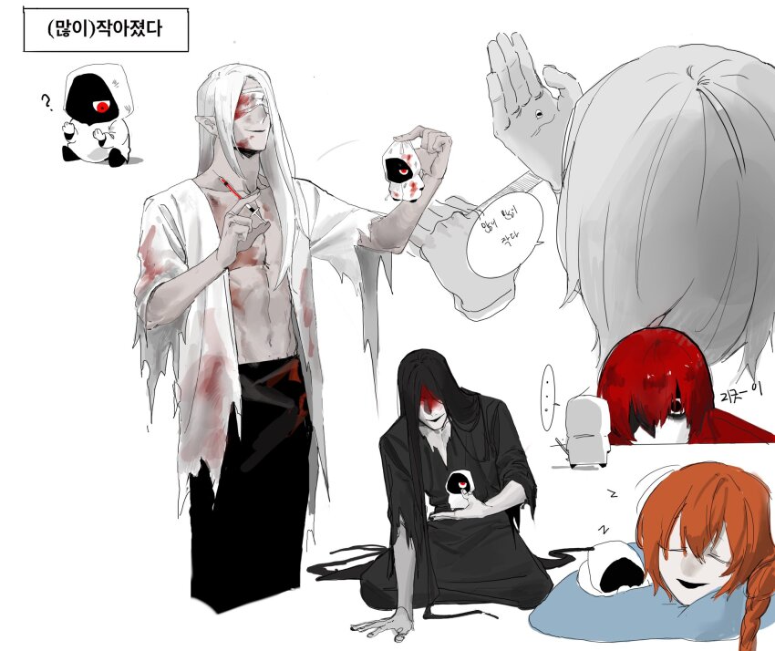 1girl, 5boys, black_hair, black_kimono, blood, blood_on_clothes, blood_on_face, braid, carrying, carrying_person, coat, dubu_dddd, highres, holding, holding_syringe, homicipher, japanese_clothes, kimono, korean_text, lab_coat, long_hair, looking_at_another, mini_person, minigirl, mr._chopped, mr._crawling, mr._hugeface, mr._scarletella, mr._silvair, multiple_boys, no_shirt, orange_hair, pillow, pointy_ears, raincoat, red_eyes, red_hair, severed_head, short_hair, skirt, sleeping, syringe, translation_request, very_long_hair, white_coat, white_raincoat