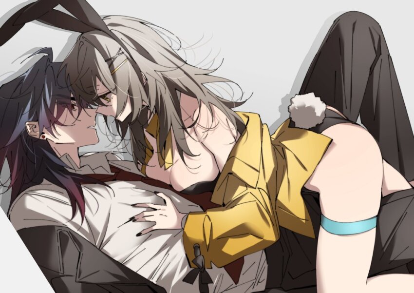 1boy, 1girl, adam's_apple, animal_ear_hairband, animal_ears, belt, black_hair, black_jacket