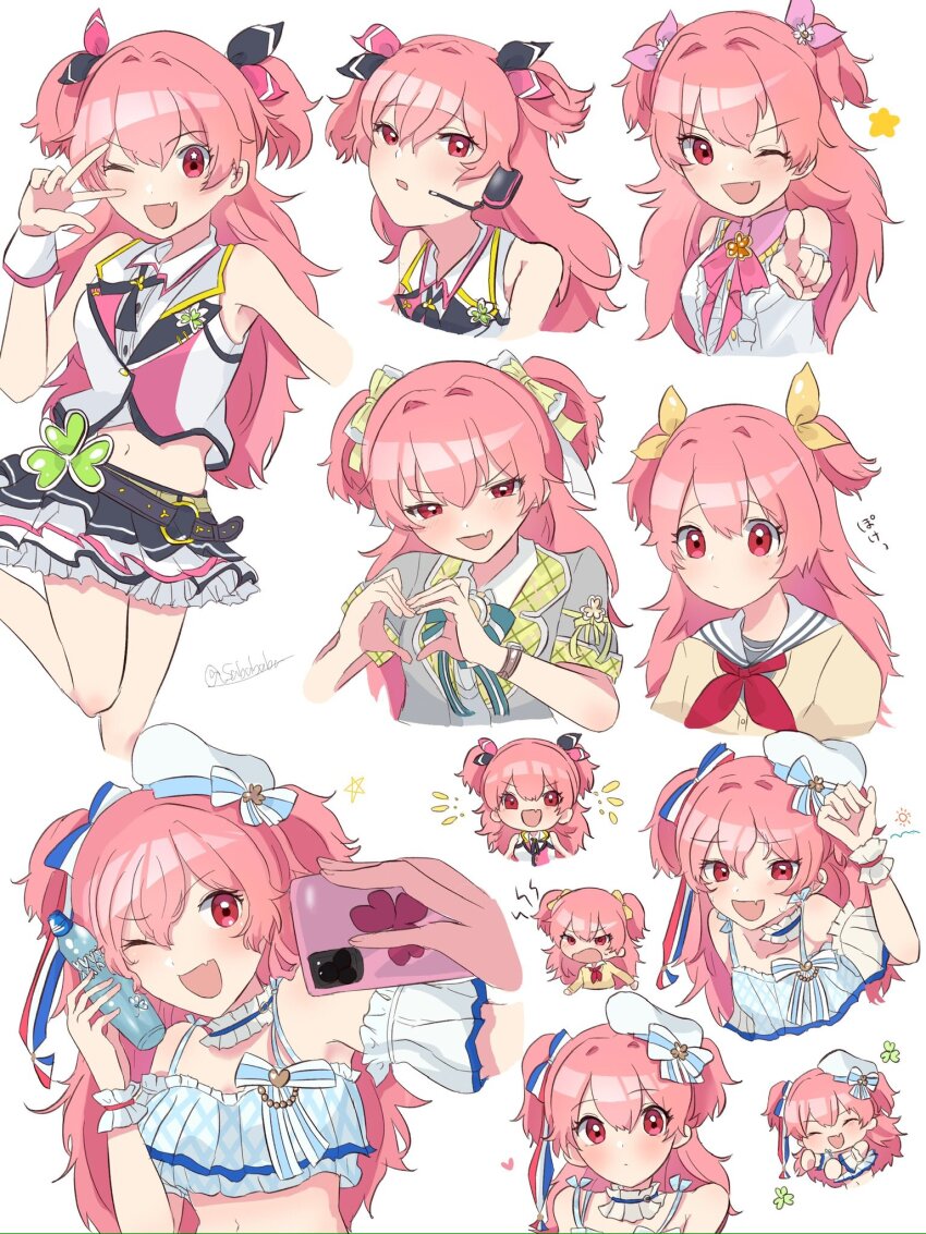 1girl, ;d, bare_shoulders, blush, bow, cat_ear_heart_hands, cellphone, choker