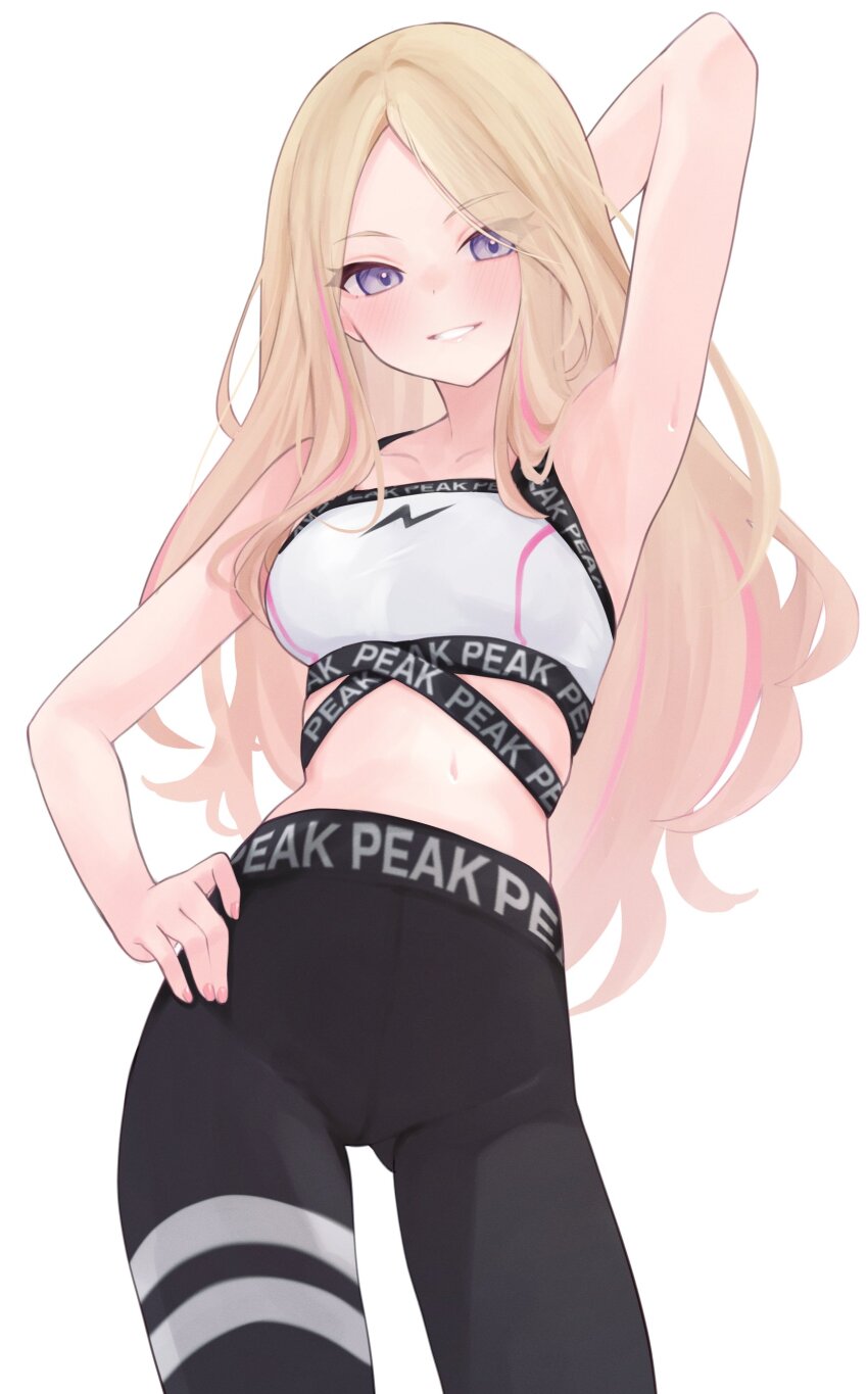 1girl, absurdres, arm_up, armpits, bare_shoulders, black_leggings, blonde_hair, blush, breasts, cameltoe, curtained_hair, forehead, gakuen_idolmaster, genmai_komeko, hand_on_own_hip, highres, idolmaster, juo_sena, leggings, long_hair, looking_at_viewer, multicolored_hair, pink_hair, purple_eyes, simple_background, smile, solo, sports_bra, streaked_hair, sweat, two-tone_hair, white_background, white_sports_bra