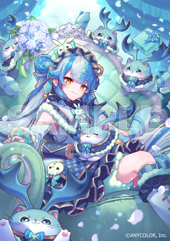 1girl, animal, animal_on_lap, armpits, asymmetrical_legwear, blue_hair, blunt_bangs, bouquet