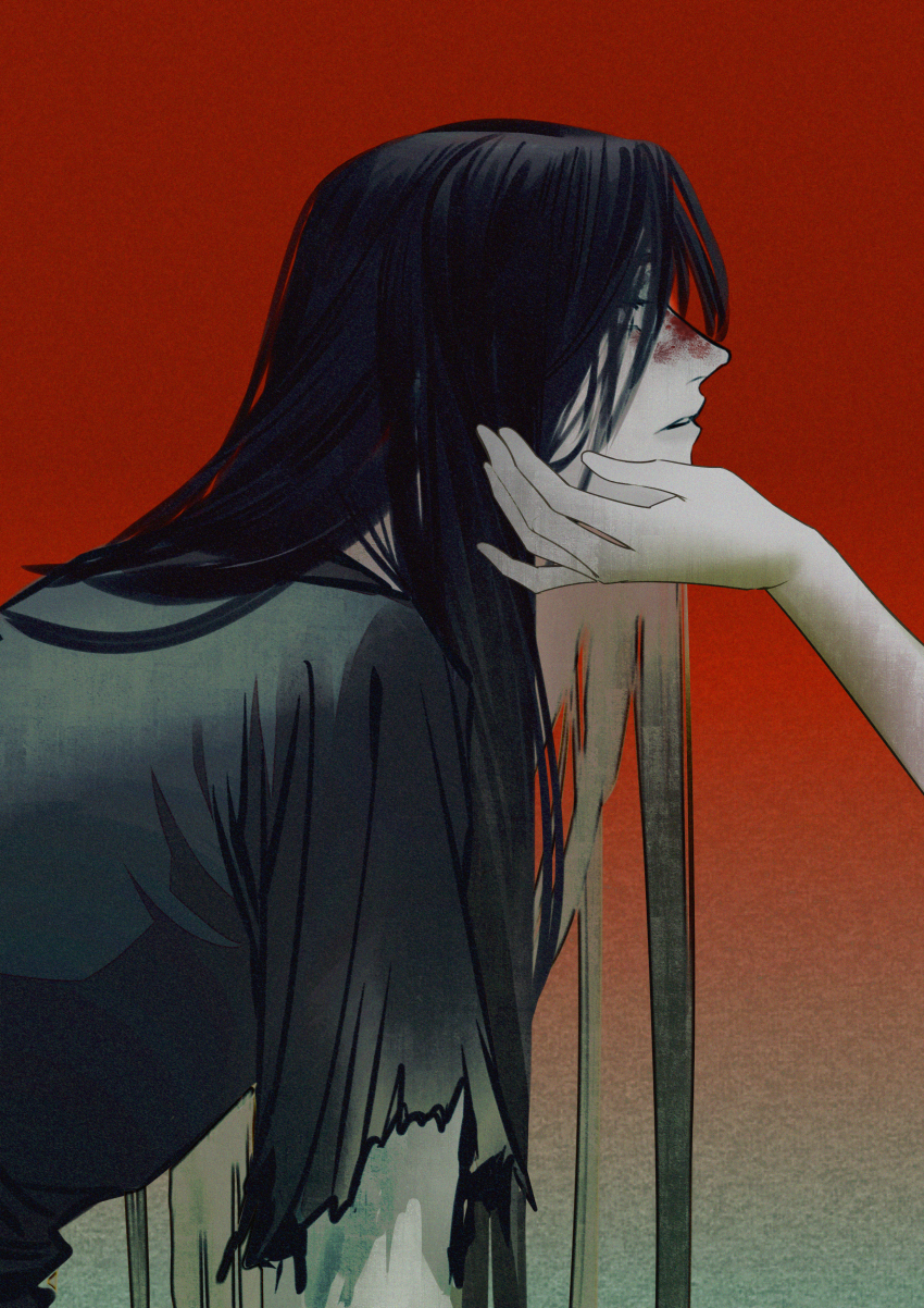 1boy, 1girl, absurdres, black_hair, black_kimono, blood, blood_on_face, grabbing_another's_chin