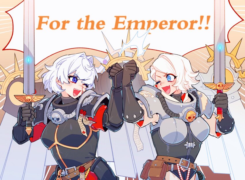 2girls, adepta_sororitas, armor, backpack, bag, belt, blue_eyes, breastplate, english_text, explosive, fangs, fist_bump, gloves, grenade, highres, looking_at_another, maiucal, multiple_girls, one_eye_closed, pouch, power_armor, power_sword, purity_seal, scar, scar_on_face, skull, sword, warhammer_40k, weapon, white_background, white_hair, wings