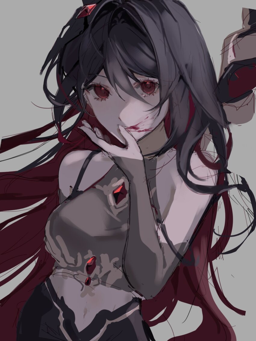 1girl, bare_shoulders, black_hair, blood, blood_on_face, breasts, closed_mouth, colored_inner_hair, commentary, grey_background, hair_between_eyes, hashtag-only_commentary, highres, honkai_(series), honkai_impact_3rd, long_hair, multicolored_hair, navel, oldsprout1108, red_eyes, red_hair, seele_(alter_ego), seele_vollerei, seele_vollerei_(starchasm_nyx), simple_background, sketch, two-tone_hair, wiping_face