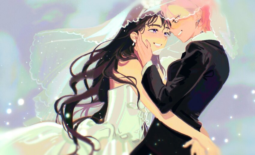 2girls, alien_stage, arms_around_another's_waist, black_jacket, black_vs_white, bridal_veil, bride, commentary