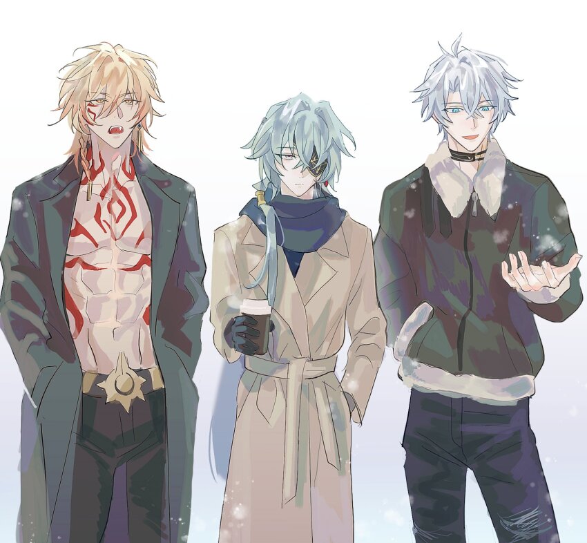 3boys, anaxa_(honkai:_star_rail), belt, blue_eyes, blue_hair, body_markings, braid, chest_tattoo