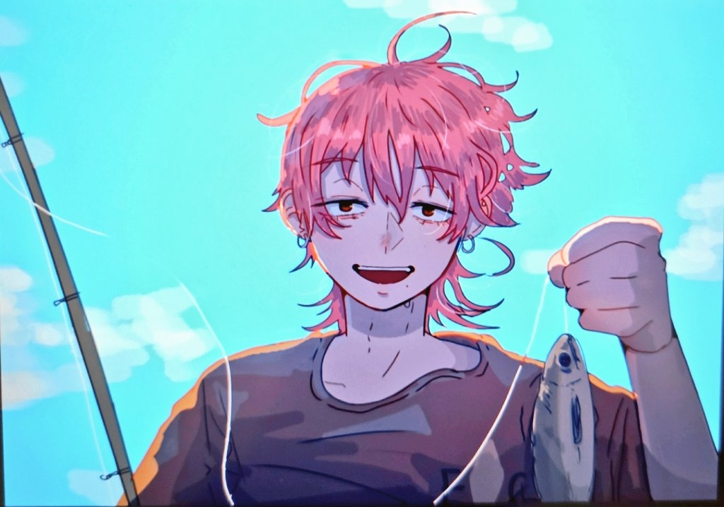 1boy, :d, black_shirt, blue_sky, day, earrings, fish, fishing