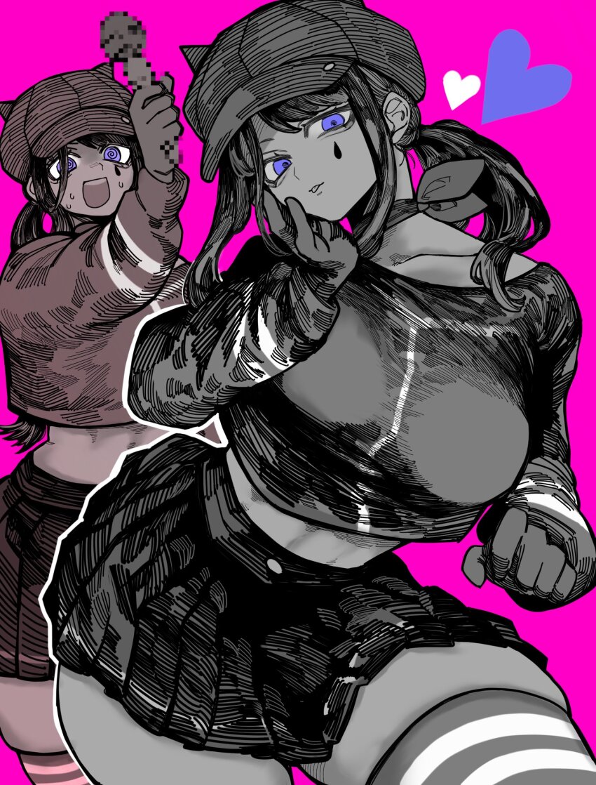 1girl, @_@, animal_ear_headwear, animal_ears, blue_eyes, breasts, censored, choker