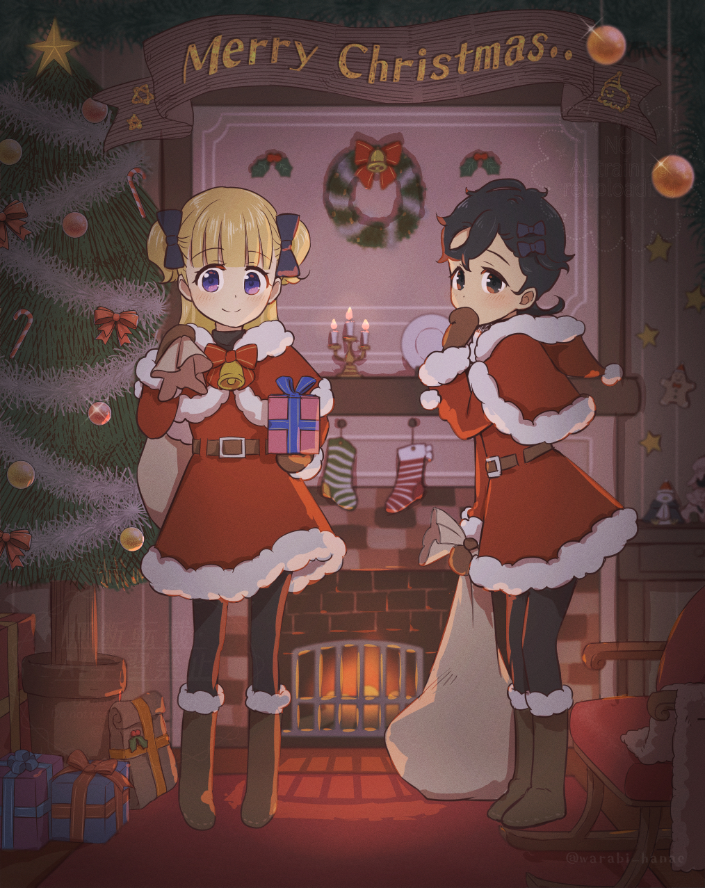2girls, bag, black_hair, black_leggings, blonde_hair, brown_footwear, candy, candy_cane, child, christmas_tree, emilico_(shadows_house), english_text, fireplace, food, gift, gloves, hato_no12, highres, holding, holding_bag, holding_gift, leggings, long_hair, multiple_girls, purple_eyes, ram_(shadows_house), santa_costume, shadows_house, short_hair, smile