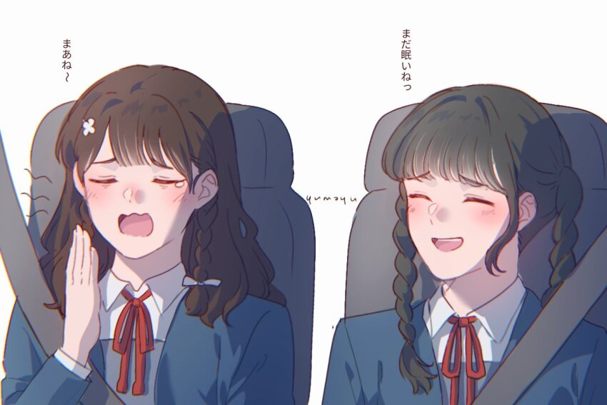 2girls, artist_name, black_hair, blazer, blue_jacket, blunt_bangs, blush, braid