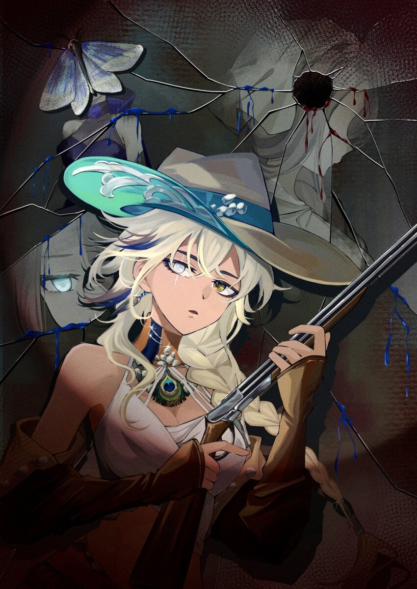 3girls, ambiguous_red_liquid, argus_(reverse:1999), bare_shoulders, black_dress, blonde_hair, blue_eyes, blue_liquid