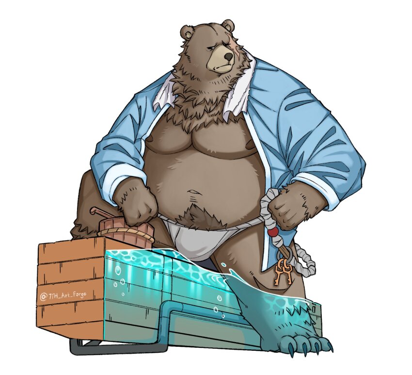 1boy, 7th_art_forge, animal_ears, artist_name, bara, barefoot, bear_boy, bear_ears