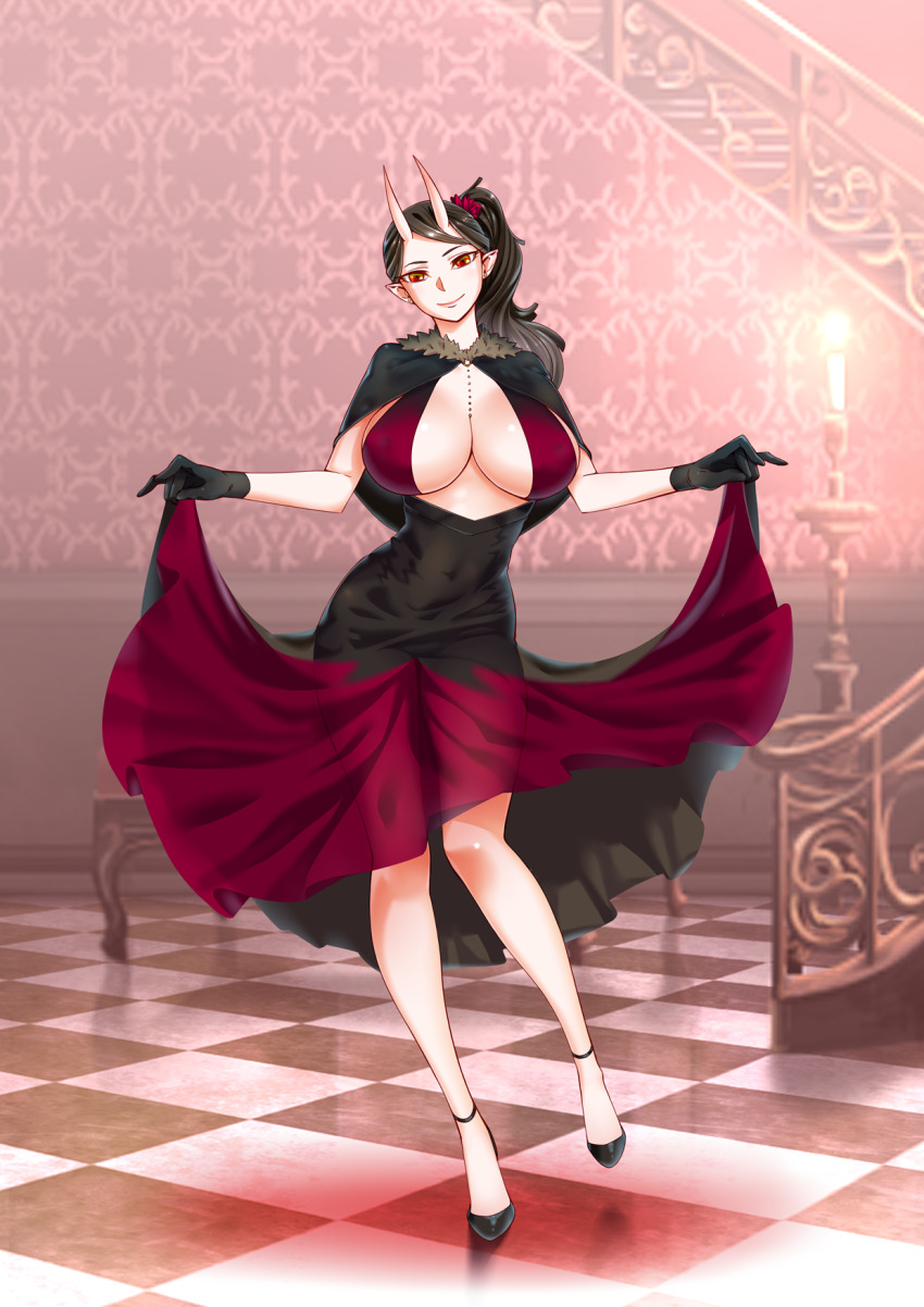 1girl, black_dress, black_footwear, black_gloves, black_hair, blurry, blurry_background, breasts