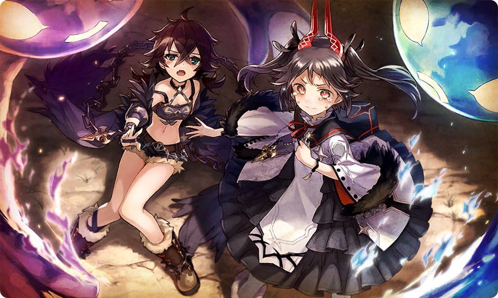 2girls, ahoge, boots, breasts, brown_boots, brown_hair, closed_mouth, commentary