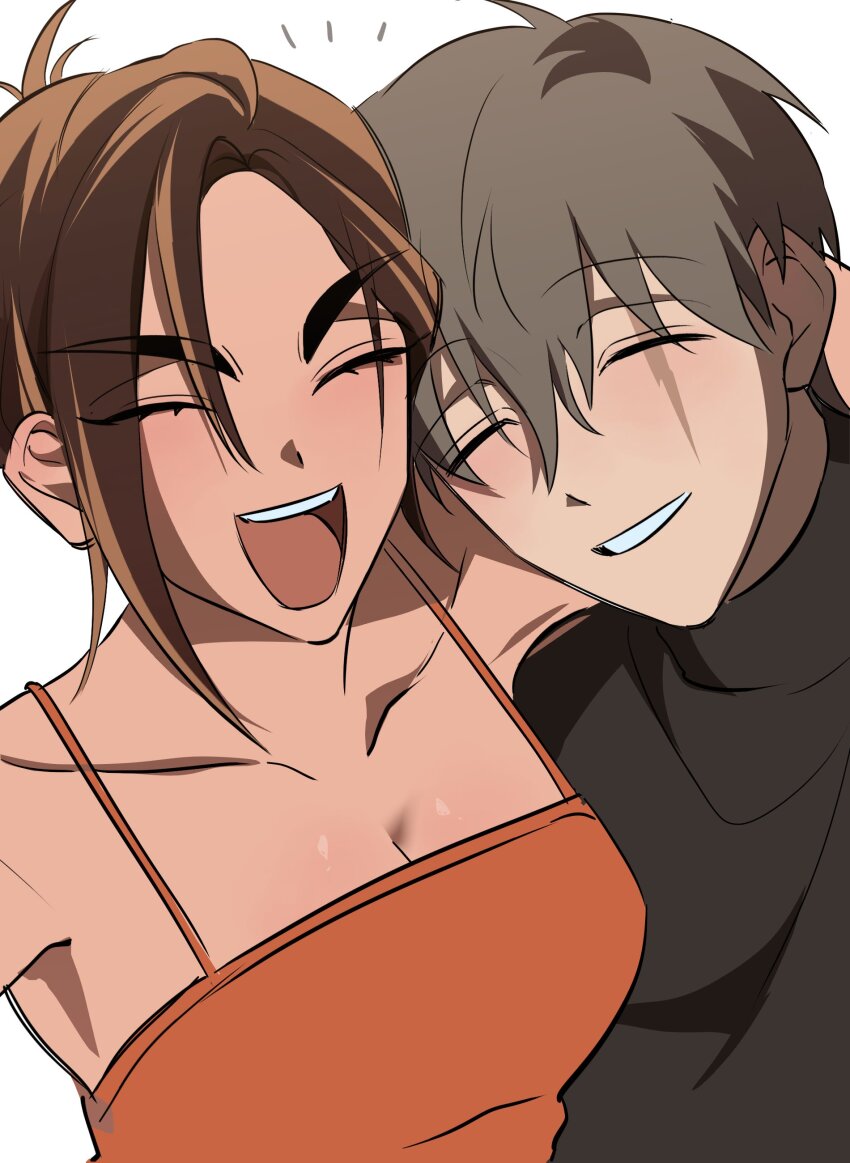 1boy, 1girl, absurdres, alien_stage, arm_around_shoulder, bare_shoulders, black_shirt, breasts, brown_hair, camisole, cleavage, closed_eyes, collarbone, commentary, dark-skinned_female, dark_skin, highres, hyuna_(alien_stage), jacob_(alien_stage), morano041001, notice_lines, open_mouth, red_camisole, scar, scar_across_eye, scar_on_face, shirt, short_hair, smile, v-shaped_eyebrows