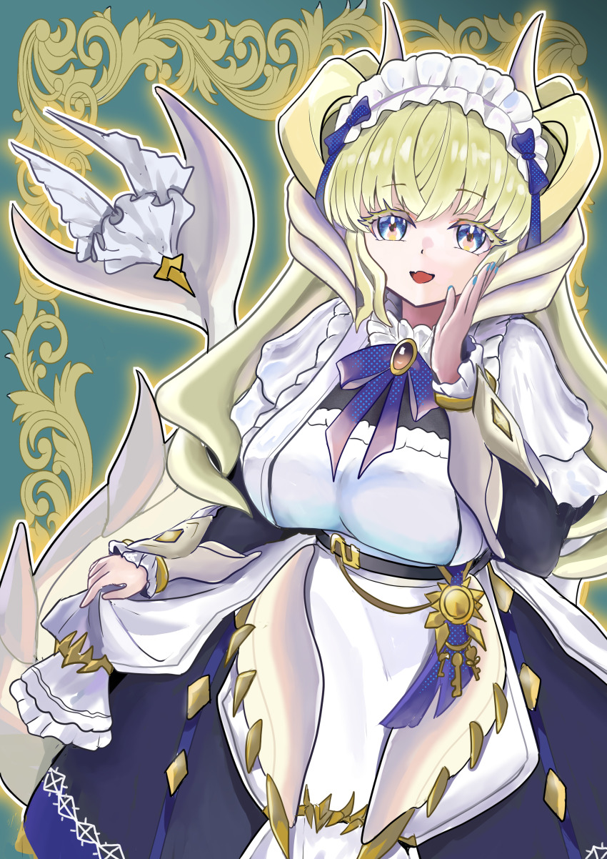 1girl, absurdres, apron, blonde_hair, blue_nails, breasts, dragon_girl, dragon_horns