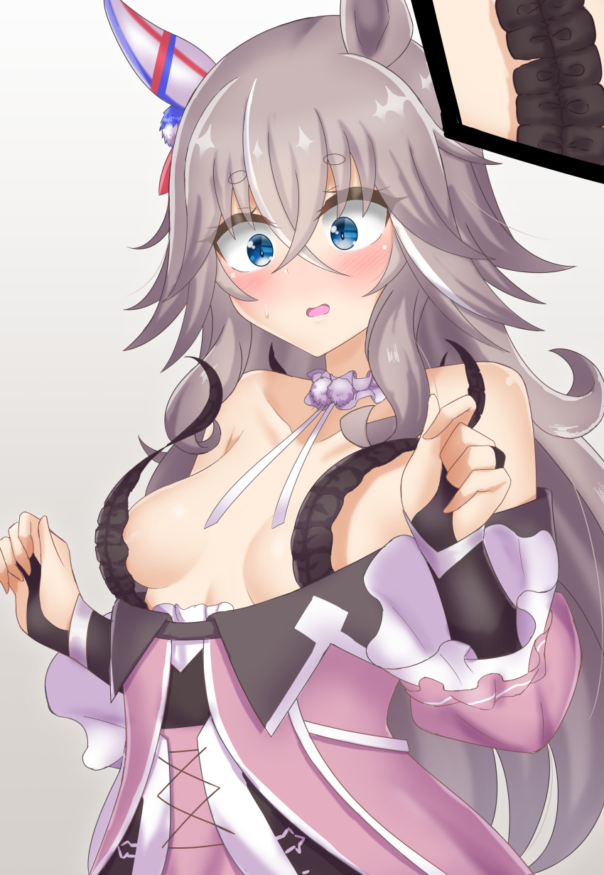 !?, 1girl, absurdres, animal_ears, blue_eyes, blush, breast_slip, breasts