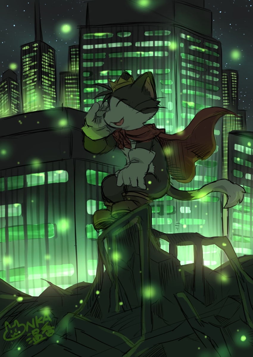 1boy, animal_ears, animal_nose, black_fur, boots, brown_footwear, cait_sith_(final_fantasy), cape, cat_boy, cat_ears, cat_tail, cityscape, closed_eyes, commentary_request, crown, final_fantasy, final_fantasy_vii, furry, furry_male, gloves, hand_on_own_leg, highres, looking_to_the_side, male_focus, multicolored_fur, night, open_mouth, red_cape, shirokumaou, signature, sitting, sky, smile, tail, whiskers, white_fur, white_gloves