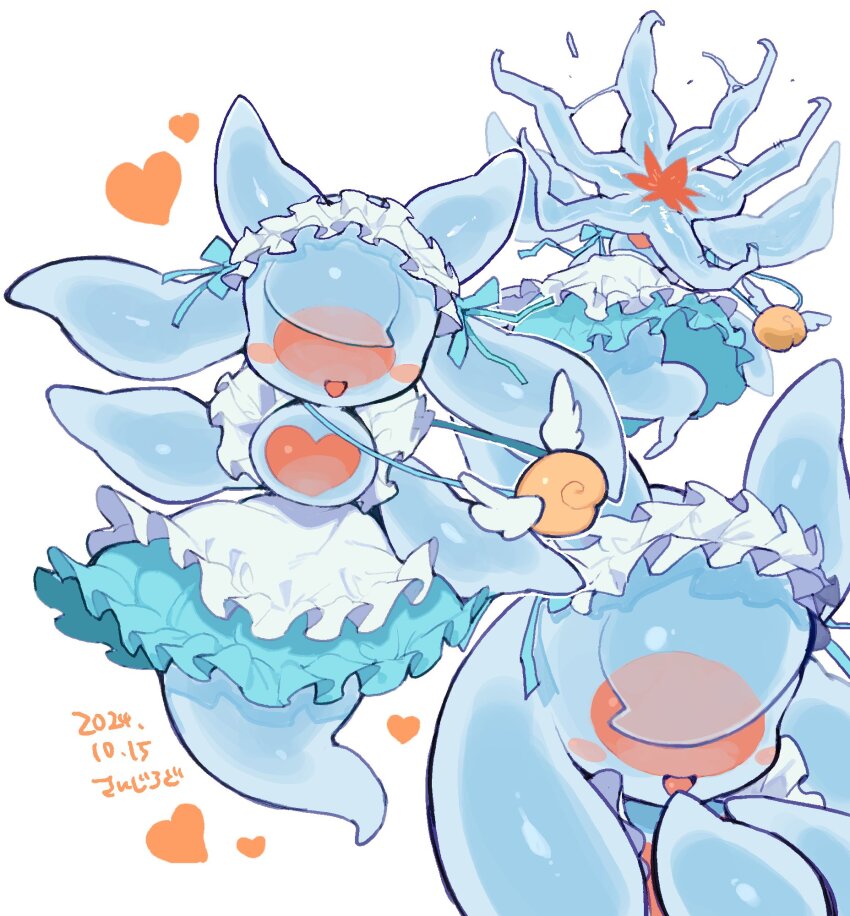 1girl, apron, aqua_skirt, blue_bow, blush_stickers, bow, core, dated, hand_to_own_mouth, heart, highres, maid_headdress, monster_girl, no_eyes, open_mouth, original, sanjiro_(tenshin_anman), sea_angel_girl, skirt, slime_girl, solo, white_apron, white_background