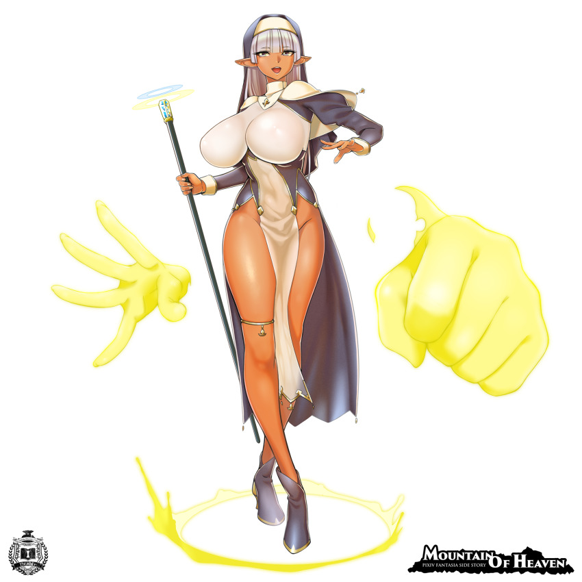 1girl, :d, annelie_(mountain_of_heaven), breasts, clenched_hand, copyright_name, full_body, green_eyes