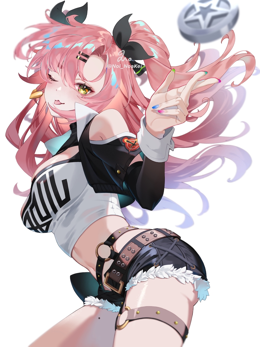 1girl, ;p, belt, black_shorts, breasts, brown_belt, coin, crop_top