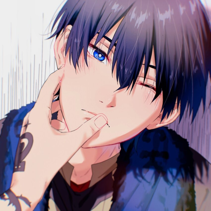 2boys, bl_111252, black_hair, blue_eyes, blue_lock, closed_mouth, finger_to_another's_mouth, hand_tattoo, highres, isagi_yoichi, looking_at_viewer, male_focus, michael_kaiser, multiple_boys, one_eye_closed, simple_background, solo_leveling, tattoo, towel, towel_around_neck, yaoi