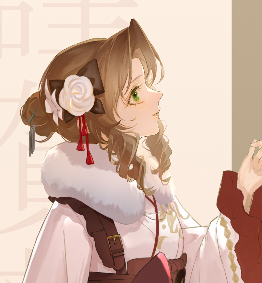 1girl, aerith_gainsborough, aerith_gainsborough_(festive_crimson_attire), black_bow, bow, brown_background, close-up, facing_to_the_side