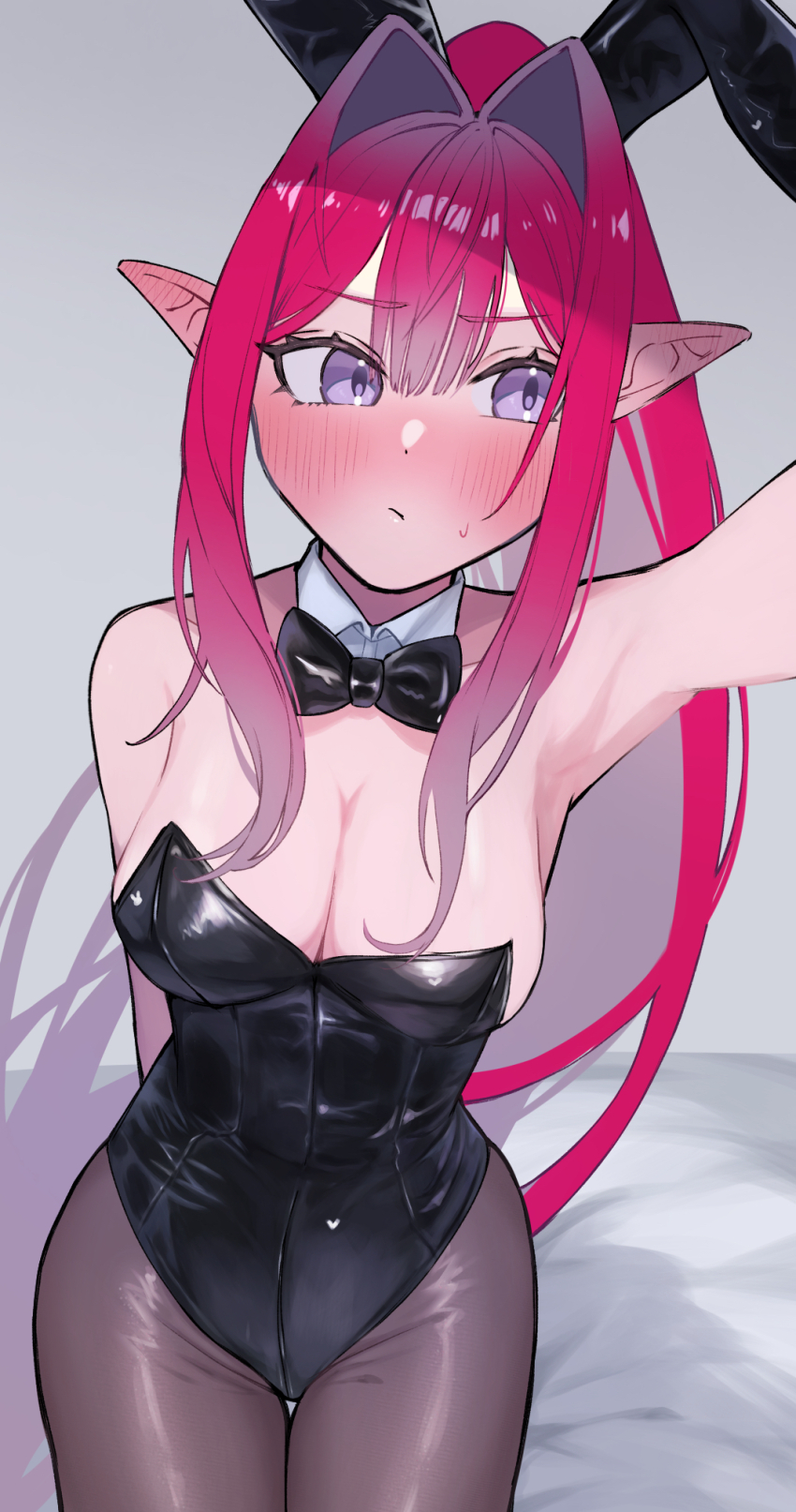 1girl, 590kogure590, animal_ears, arm_up, averting_eyes, baobhan_sith_(fate), bare_shoulders, black_bow