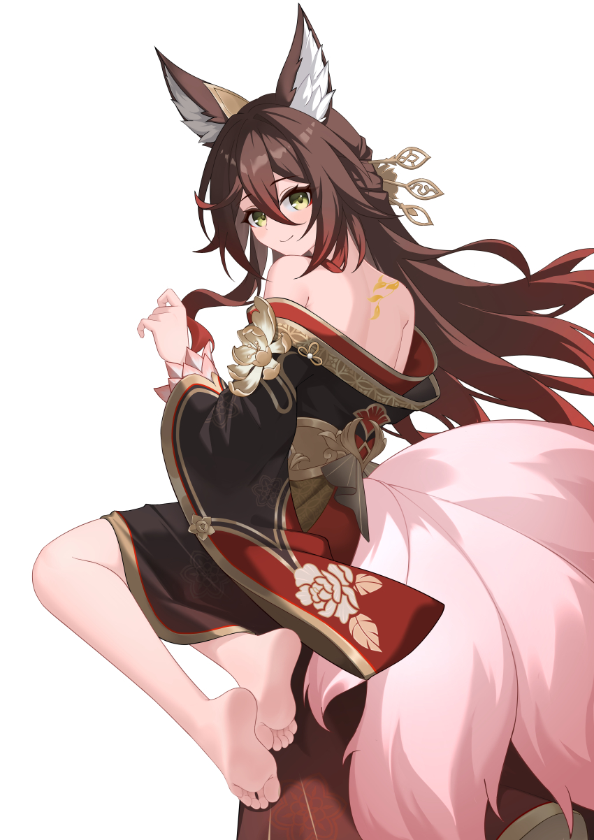 1girl, absurdres, animal_ears, barefoot, brown_hair, feet, green_eyes, highres