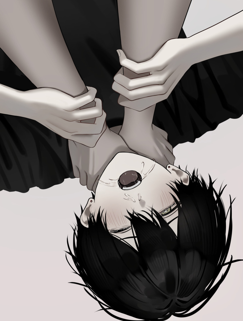 1boy, 1girl, absurdres, akanei6no_sora, asphyxiation, black_hair, black_shirt, blush, commentary, earrings, femdom, foreshortening, grey_background, hair_between_eyes, half-closed_eye, hands_on_another's_wrists, heart, heart-shaped_pupils, highres, jewelry, male_focus, one_eye_closed, open_mouth, original, perspective, reverse_ryona, runny_nose, saliva, shirt, short_hair, simple_background, snot, strangling, stud_earrings, symbol-shaped_pupils, tearing_up, tears, upside-down