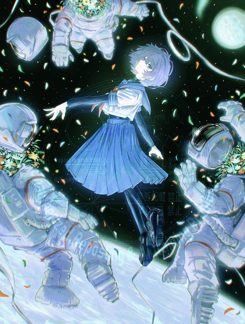 1girl, absurdres, black_footwear, blue_skirt, falling_petals, helmet, highres, natsushiro_kisame