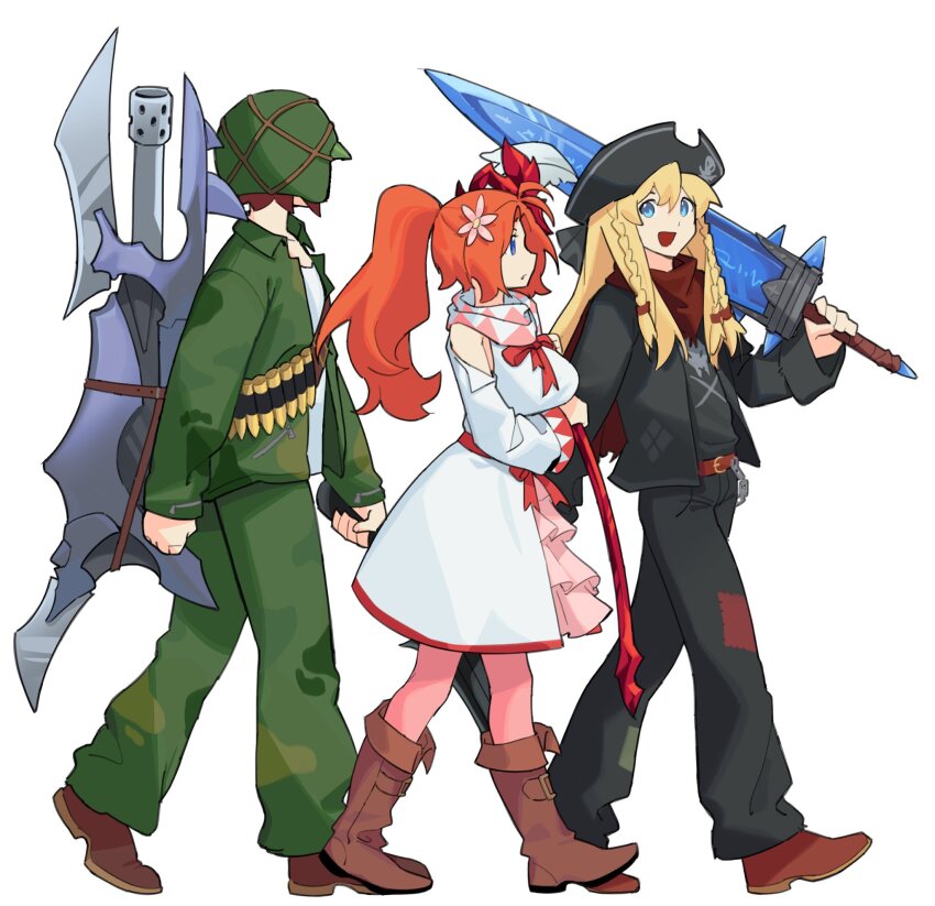 1girl, 2boys, :d, ammunition_belt, blizzard_blade_(epic_battle_fantasy), blonde_hair, blue_eyes, breasts