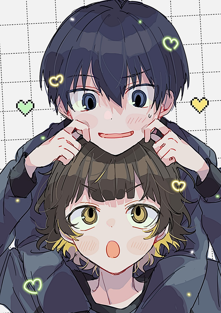 2boys, :o, bachira_meguru, black_hair, blonde_hair, blue_lock, blush_stickers, bowl_cut