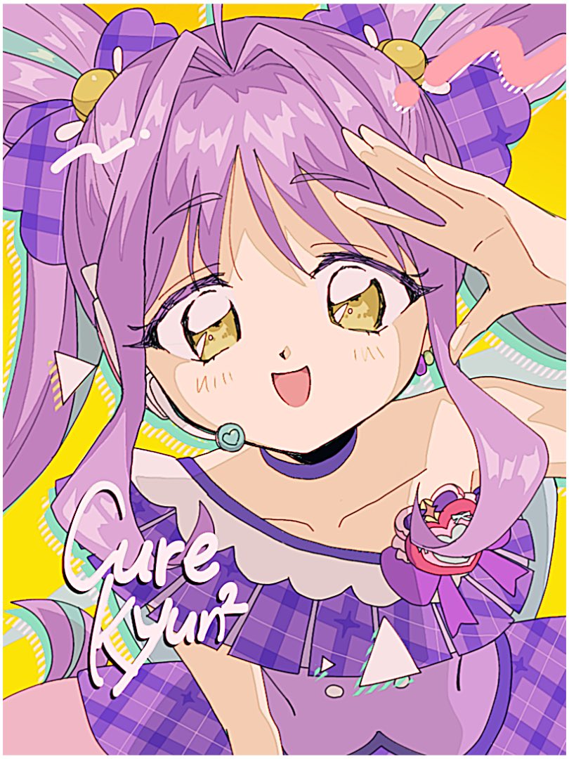 1990s_(style), 1girl, ahoge, blue_hair, blue_streaks, border, bow, character_name, choker, collarbone, cure_kyunkyun, double_bun, dress, hair_bow, hair_bun, hair_intakes, hand_up, leaning_forward, long_hair, looking_at_viewer, magical_girl, multicolored_hair, open_mouth, plaid_bow, plaid_clothes, plaid_dress, precure, purple_background, purple_bow, purple_choker, purple_hair, retro_artstyle, shigure_kokoro, simple_background, sleeveless, sleeveless_dress, smile, solo, standing, streaked_hair, tteenncchhii, twintails, two-tone_hair, upper_body, white_border, yellow_background, yellow_eyes, kimi_to_idol_precure