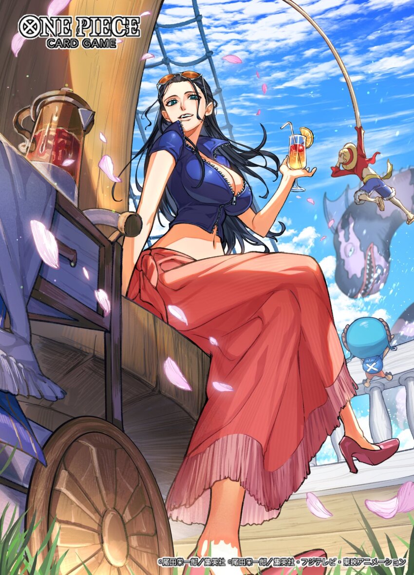 1girl, 2boys, back, bag, black_hair, blue_eyes, blue_jacket, blue_shorts