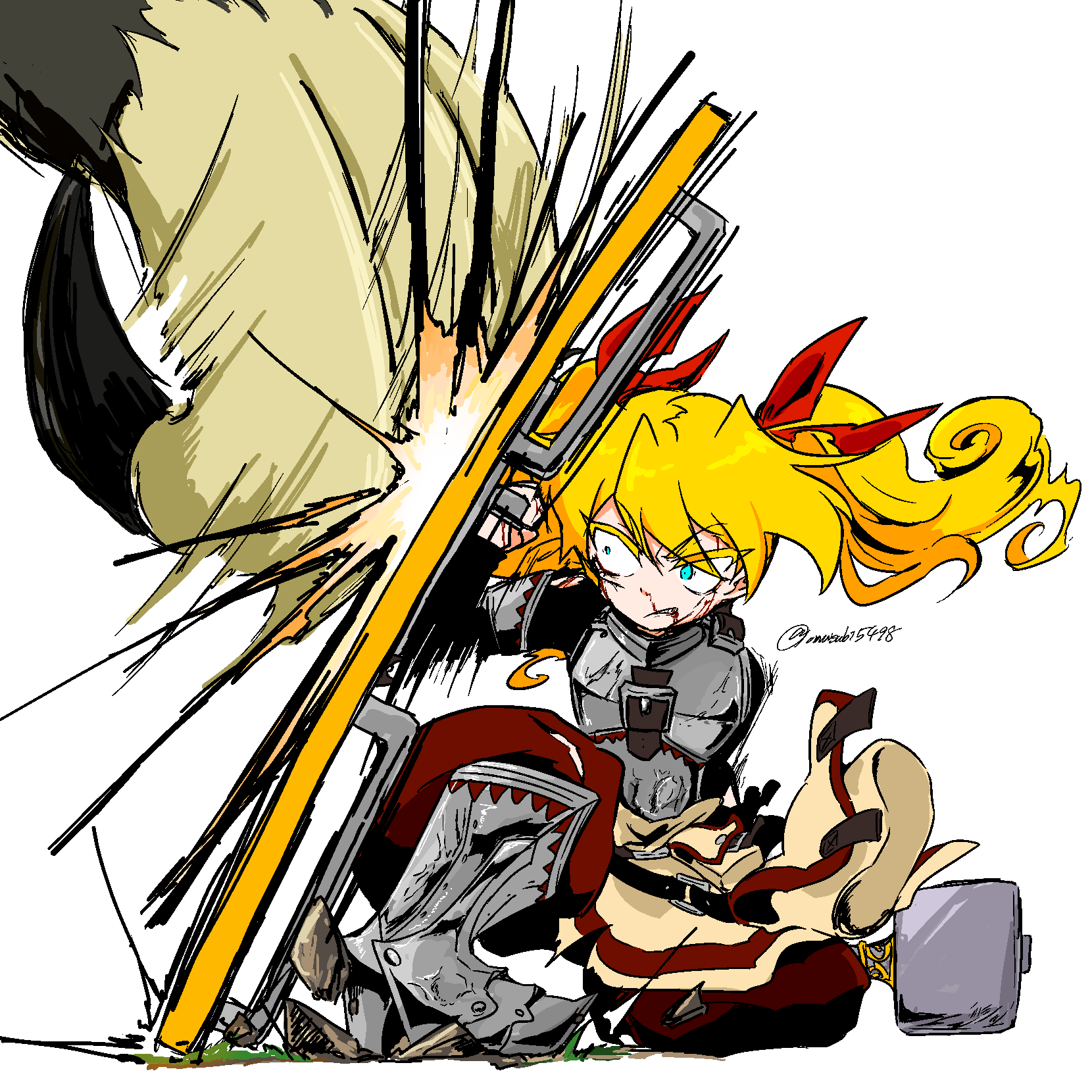 1girl, aqua_eyes, armor, battle, battle_damage, bear, blocking, blonde_hair