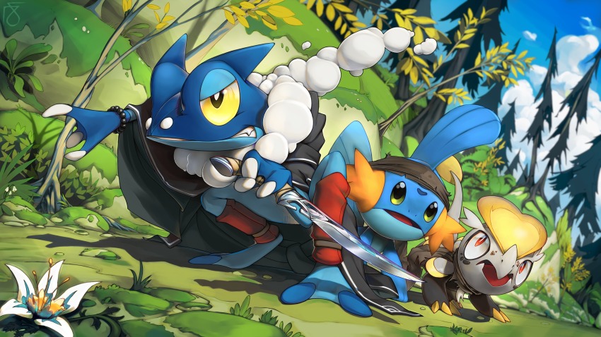 absurdres, bead_bracelet, beads, black_cloak, blue_sky, bracelet, brown_headband, cloak