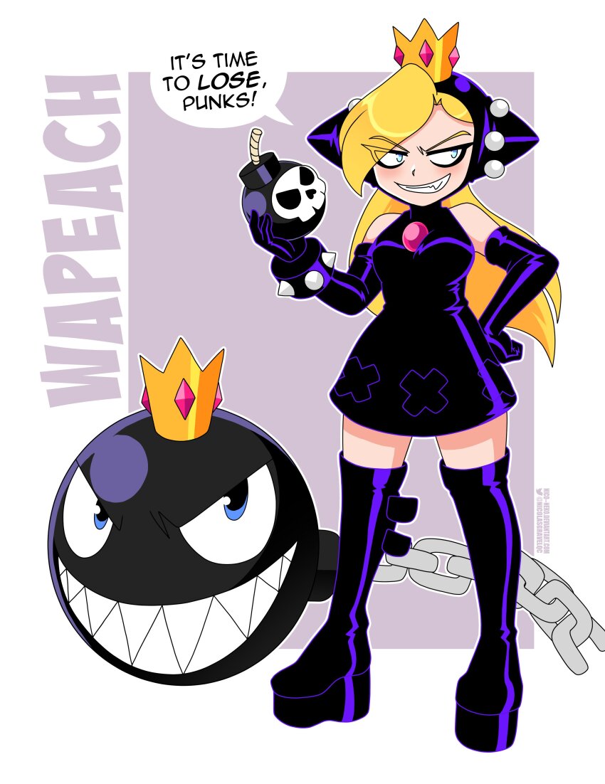 >:), 1girl, absurdres, bare_shoulders, black_boots, black_gloves, blonde_hair, blue_eyes