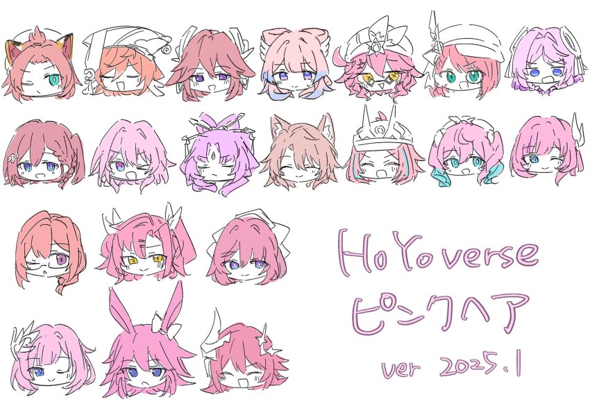 1boy, 6+girls, animal_ears, asta_(honkai:_star_rail), baseball_cap, blue_eyes, charlotte_(genshin_impact), citlali_(genshin_impact), closed_eyes, closed_mouth, color_connection, commentary_request, company_connection, company_name, cyrene_(philia093)_(honkai:_star_rail), cyrene_(honkai:_star_rail), diona_(genshin_impact), dori_(genshin_impact), elysia_(honkai_impact), elysia_(miss_pink_elf)_(honkai_impact), falkenhayn_mercenary_leader_(zenless_zone_zero), fox_ears, fox_girl, fu_xuan_(honkai:_star_rail), genshin_impact, glasses, green_eyes, hair_color_connection, hair_ornament, hat, head_only, highres, honkai:_star_rail, honkai_(series), honkai_impact_3rd, hyacine_(honkai:_star_rail), jiaoqiu_(honkai:_star_rail), march_7th_(honkai:_star_rail), mihoyo, multiple_girls, nicole_demara, one_eye_closed, open_mouth, pink_hair, purple_eyes, rappa_(honkai:_star_rail), revision, rozaliya_olenyeva, sangonomiya_kokomi, smile, suls0, translation_request, tsukishiro_yanagi, voice_actor_connection, white_background, yae_miko, yae_sakura, yanfei_(genshin_impact), yanning, yellow_eyes, zenless_zone_zero